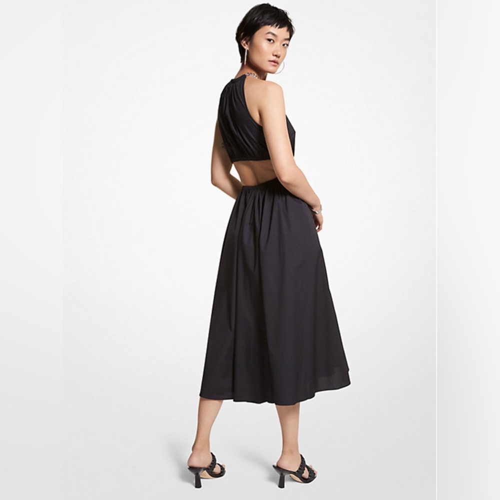 Michael Kors Black Poplin Cotton Cutout Halter Open Back Dress